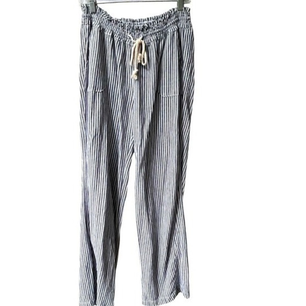 Cali 1850 Wide Leg Linen Blend Striped Pants Womens Large Blue White Casual